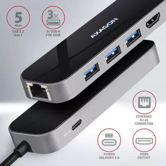 AXAGON HMC-6GL, USB 3.2 Gen 1 hub, porty 3x USB-A, HDMI 4k/30Hz, RJ-45 GLAN, PD 100W, kabel USB-C 20cm