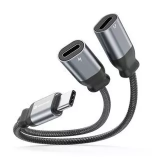 SWISSTEN NABÍJECÍ AUDIO ADAPTÉR TEXTILE USB-C (samec) / 2x USB-C (samice) 0,12 M ČERNÝ