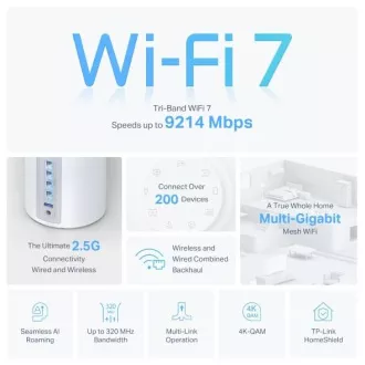 TP-Link Deco BE65(3-pack) BE9300 Třípásmový systém Mesh WiFi 7 pro celou domácnost, 4x 2.5GLAN, USB, 2,4/5/6GHz, HomeShi